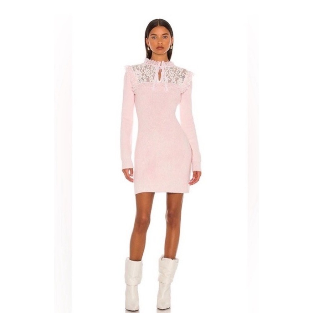 LoveShackFancy Bellini wool-blend rib knit & lace dress in Blush Tutu sz XS $495
